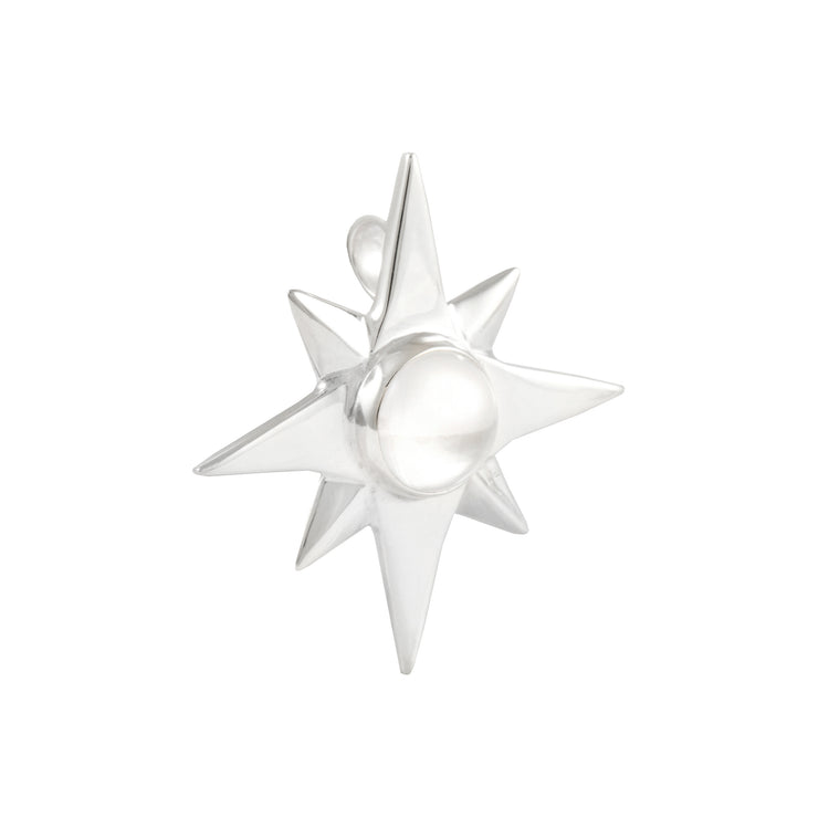 The Kaora Sandara Jewelry Silver Pendant Magic Star with Crystal Sphere - Size M features an eight-pointed sterling silver 925 star and a transparent crystal quartz sphere at the center, shown on a white background.