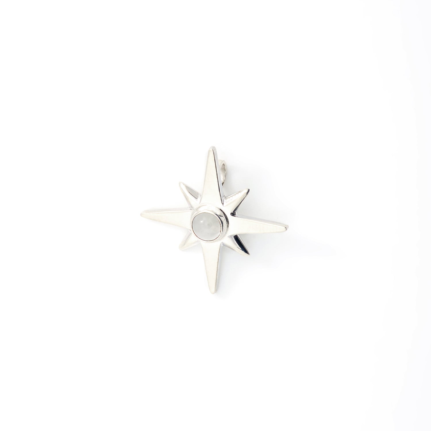 The Kaora Sandara Jewelry Silver Pendant Magic Star with Crystal Sphere (Size XXS) features a sterling silver eight-pointed star design with a round, pale crystal quartz centerpiece, shown on a plain white background.
