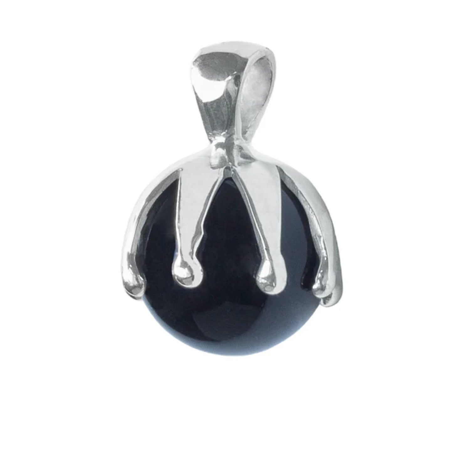 The Silver Pendant I'M A Queen with Black Agate by Kaora Sandara Jewelry features a round black agate stone in a sterling silver setting with a liquid-metal design and loop, part of the exclusive I’M A Queen Series.