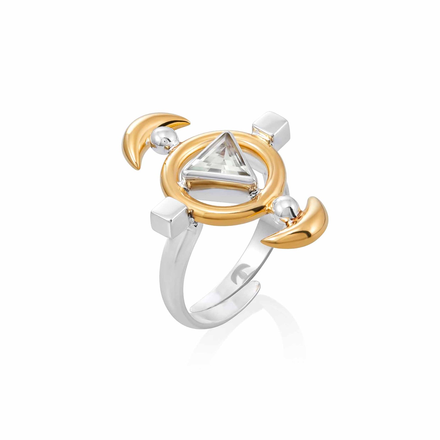 The Kaora Sandara Jewelry Resource Ring features Sterling Silver 925 with gold-plated accents, a central triangular crystal, and geometric square and round details.