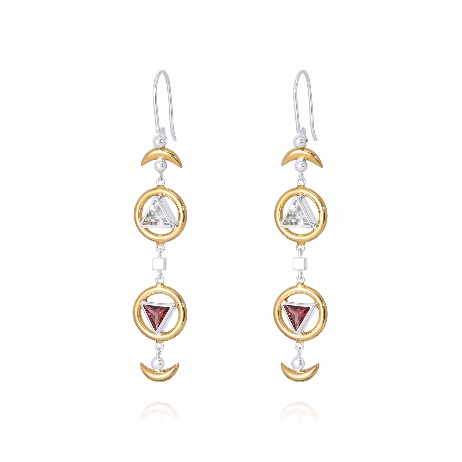 Kaora Sandara Jewelry’s Resource Earhooks feature gold-plated circles with transparent and red triangle crystals, crescent moon accents, and Garnet Sterling Silver 925 hooks for a stunning look.