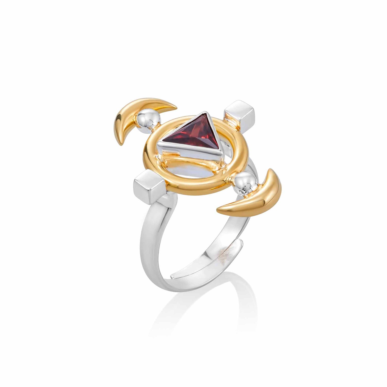 The Kaora Sandara Jewelry Resource Ring features sterling silver with gold-plated crescent details and a central red garnet set in a circular gold frame, accented by silver.