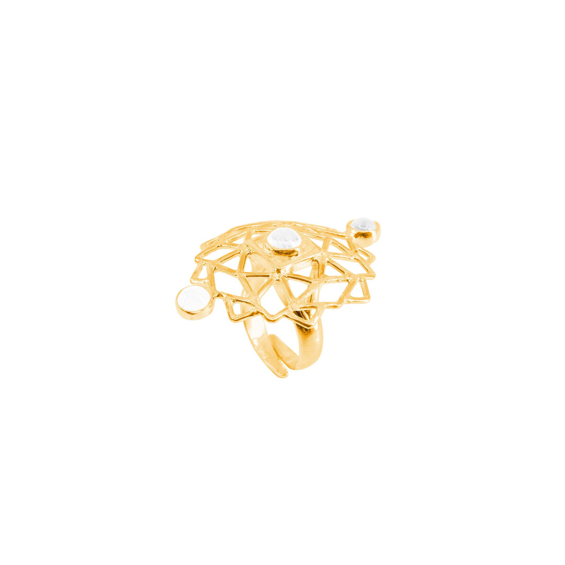 The Ring Expansion gold plated by Kaora Sandara Jewelry features an intricate geometric lattice design with three small round white gemstones, part of our exclusive Expansion series.