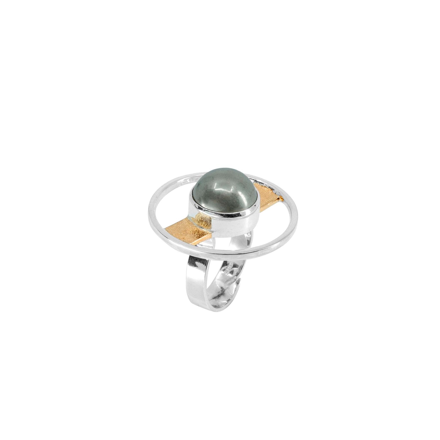 The Animus Ring by Kaora Sandara Jewelry showcases a central round pyrite set in sterling silver 925, accented with a diagonal gold-plated band—its orbit-inspired design blends cosmic elegance with masculine appeal.