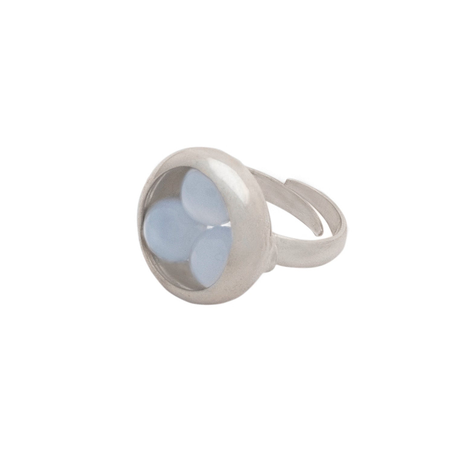 The Kaora Sandara Jewelry Silver Ring Crystal Peace with Chalcedony (Size L) features sterling silver with a clear round dome holding three pale blue chalcedony ovals in a triangular pattern.