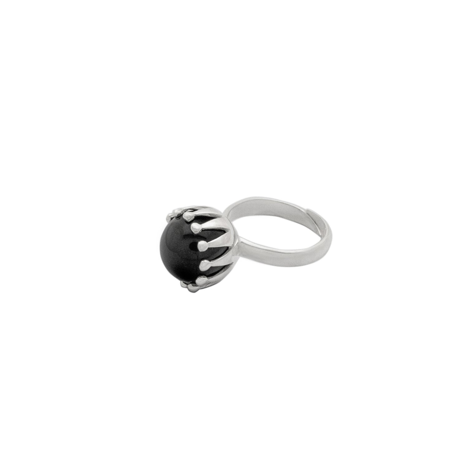 The Silver Ring I'M A Queen with Black Agate - Size S by Kaora Sandara Jewelry features a modern, minimalist sterling silver crown-inspired design with a polished black agate—ideal for those who love understated elegance.