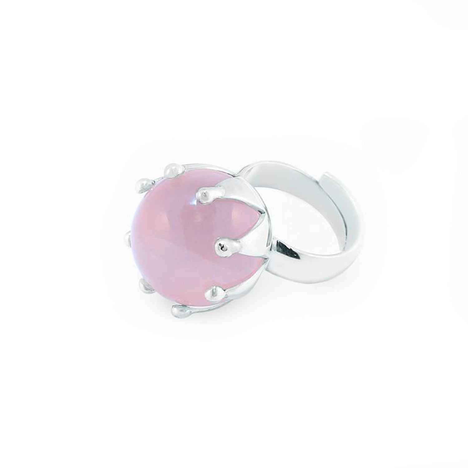 The Silver Ring I'M A Queen with Rose Quartz - Size M by Kaora Sandara Jewelry features a large, round rose quartz in a prong setting, symbolizing unconditional love, displayed on a plain white background.