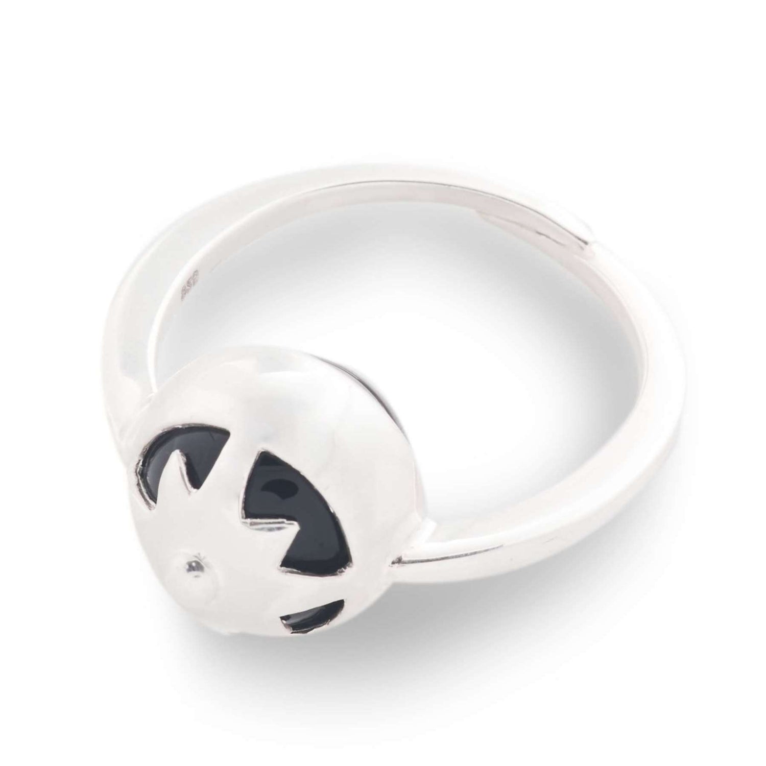 The Magic Time Night Ring by Kaora Sandara Jewelry is a sterling silver 925 ring with a round, dome-shaped top featuring star and triangle cutouts over a black agate gemstone and a simple, smooth band.