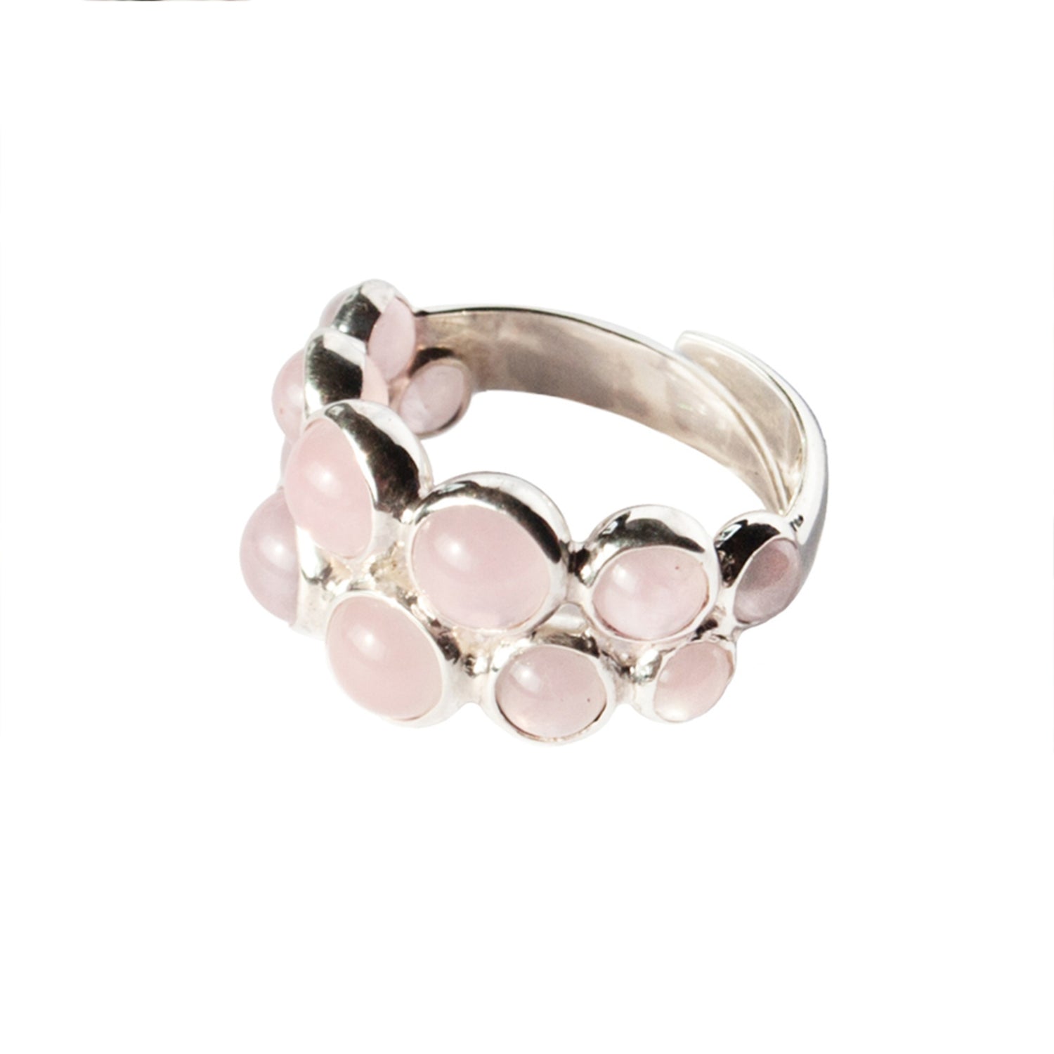 The Silver Ring The Dance with Rose Quartz by Kaora Sandara Jewelry features a cluster of round and oval rose quartz stones in sterling silver, symbolizing spiritual love, shown against a white background.