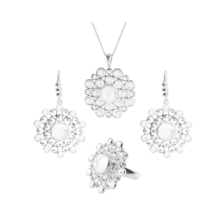 From Kaora Sandara Jewelry's Purity collection, the Purity Earhooks—Sterling Silver with Crystal, Size S—feature intricate floral designs and transparent crystal accents encircling a central stone.