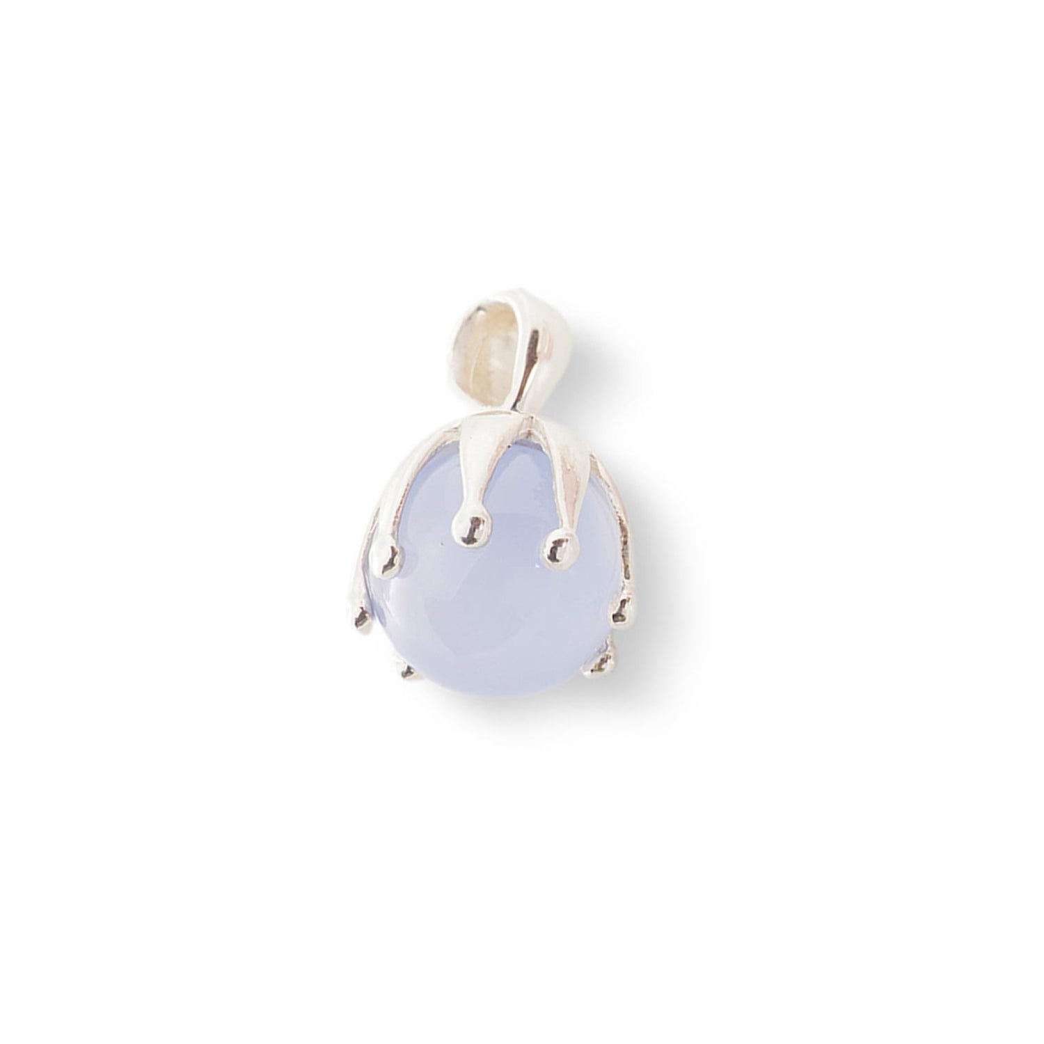 The Kaora Sandara Jewelry Silver Pendant "I'M A Queen" features a pale blue Chalcedony oval gemstone in a sterling silver 925 crown-shaped setting with a top loop for necklaces, shown on a white background.