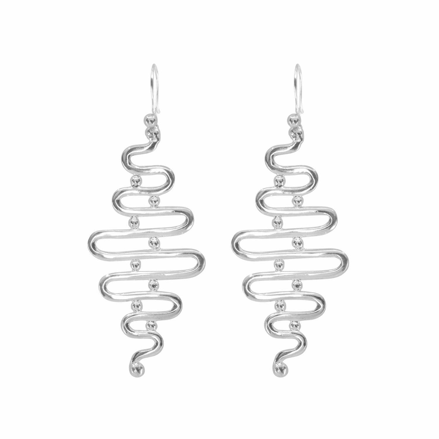 Silver Earhooks Team Work by Kaora Sandara Jewelry: Sterling silver dangle earrings feature an abstract wavy zigzag design accented with small silver beads along the curves.