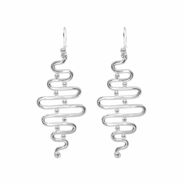 Silver Earhooks Team Work by Kaora Sandara Jewelry: Sterling silver dangle earrings feature an abstract wavy zigzag design accented with small silver beads along the curves.