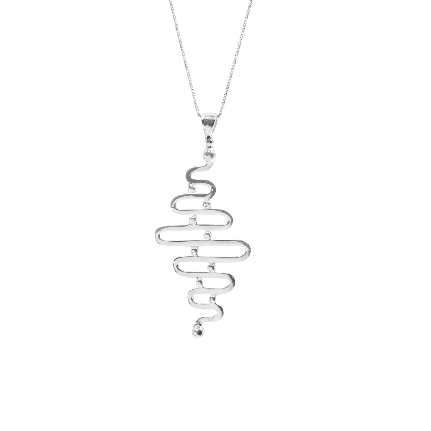 The Kaora Sandara Jewelry Team Work Pendant is a Sterling Silver 925 necklace with a wavy, abstract spiral design and small round accents, symbolizing unity, presented on a thin chain against a white background.