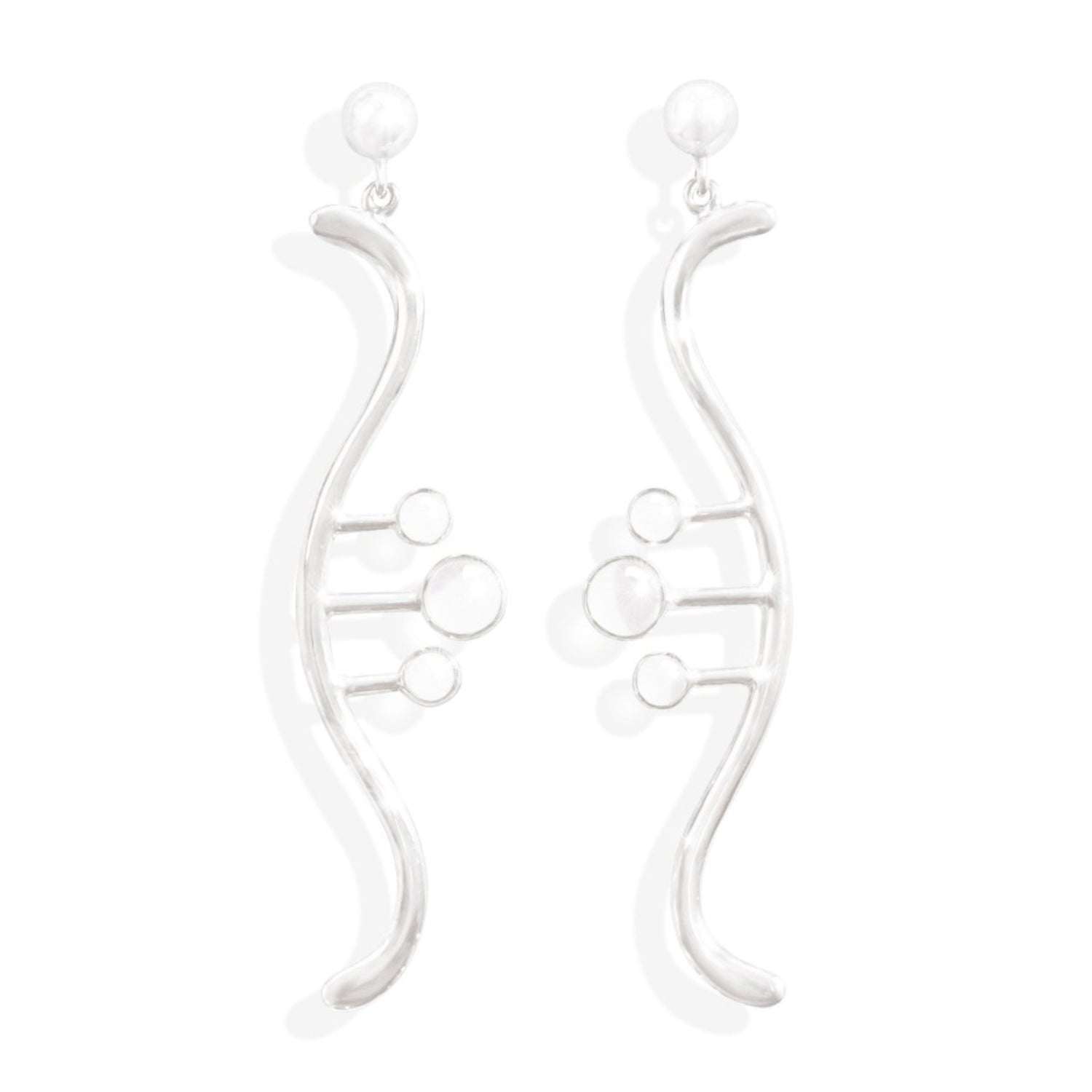 The Silver Earstuds Beyond Fears with Crystal Spheres Gemstones by Kaora Sandara Jewelry feature a wavy sterling silver 925 design with three connected crystal sphere accents, shown on a white background.