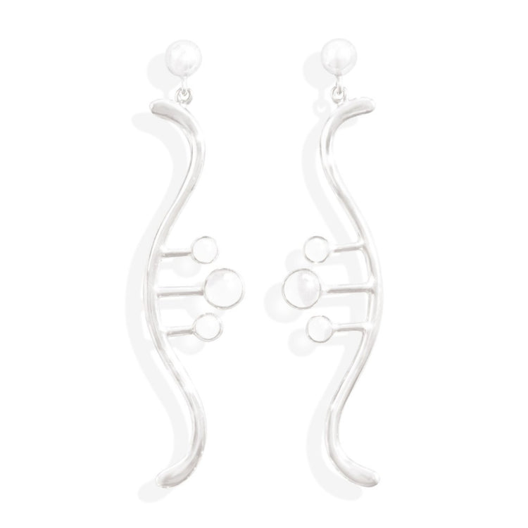 The Silver Earstuds Beyond Fears with Crystal Spheres Gemstones by Kaora Sandara Jewelry feature a wavy sterling silver 925 design with three connected crystal sphere accents, shown on a white background.