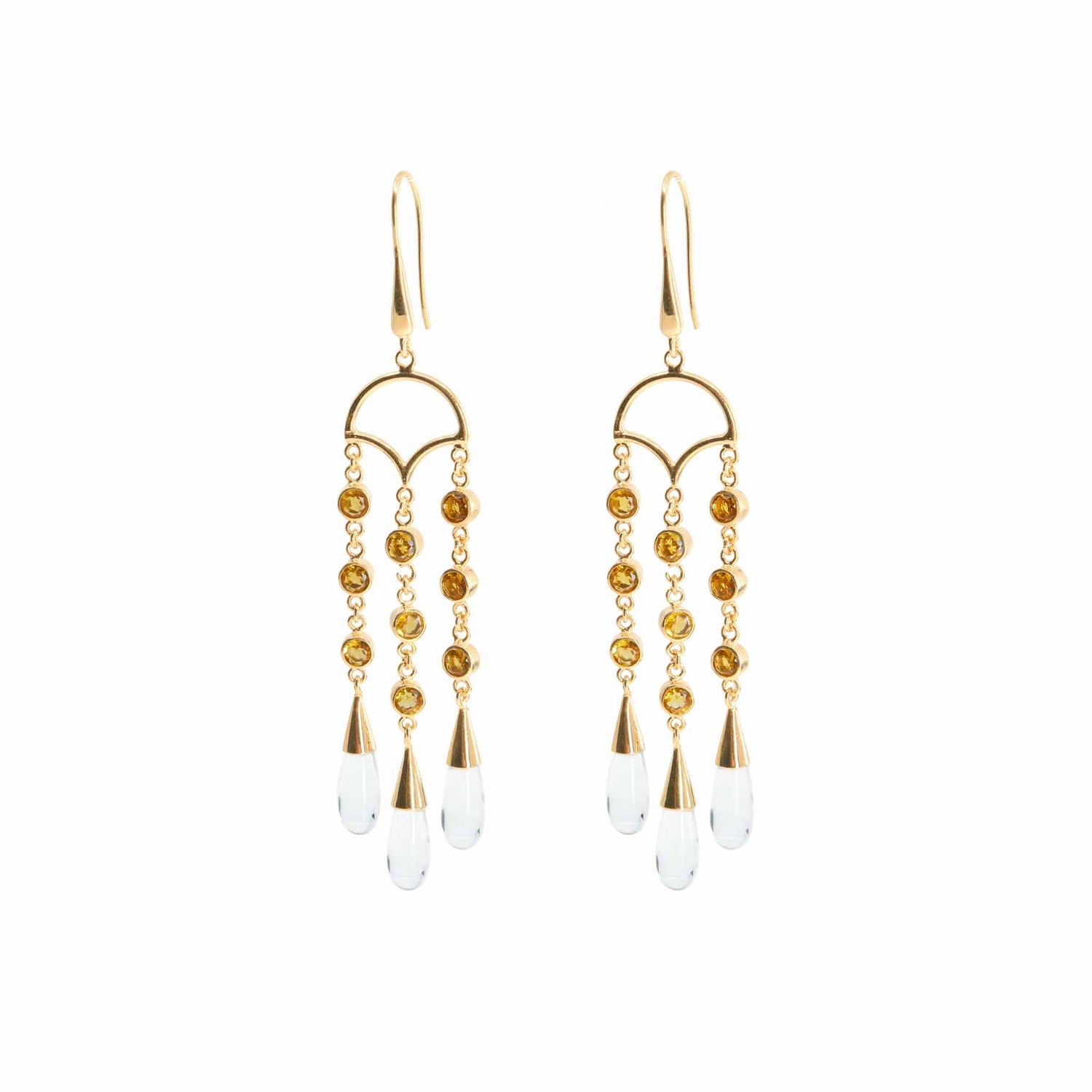 Kaora Sandara Jewelry's Abundance Flow Earhooks feature sterling silver and gold-plating, three vertical chains with gold beads, and teardrop crystal and citrine accents—perfect for elevating your style. Displayed on a white background.
