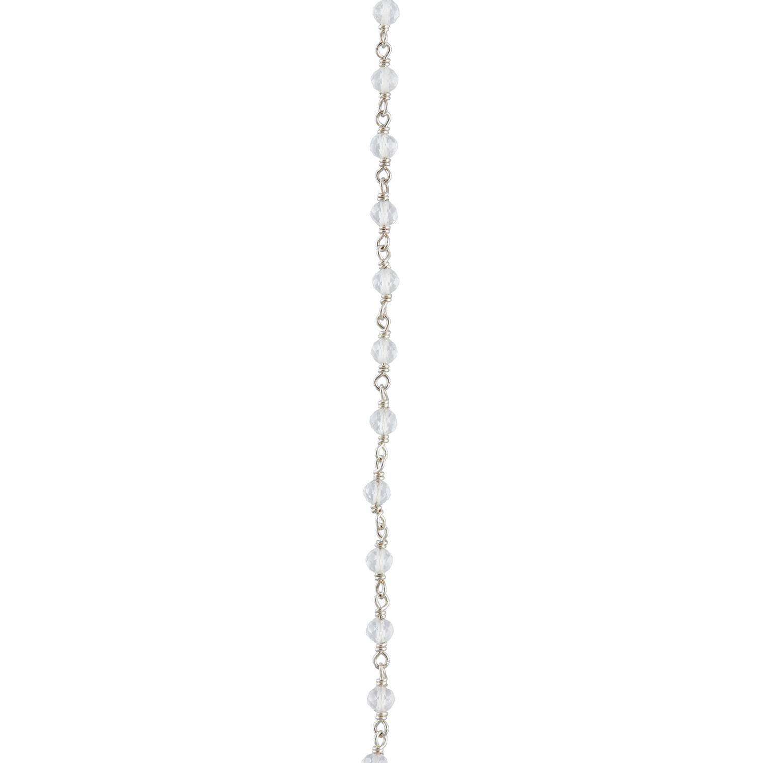 A close-up of the Kaora Sandara Jewelry String Sterling Silver 925 Chain with Crystal, showcasing its delicate design with small round translucent beads and sterling silver links against a plain white background.
