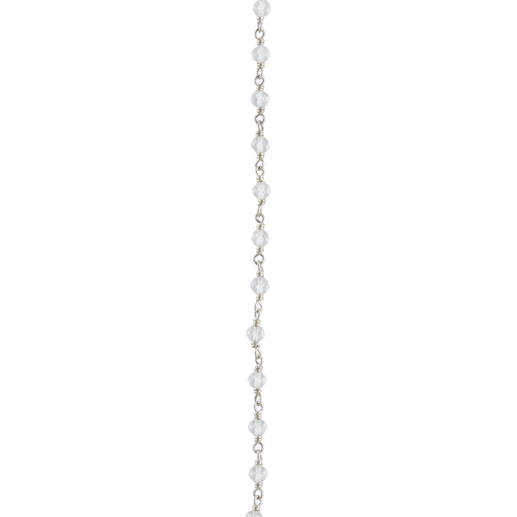 A close-up of the Kaora Sandara Jewelry String Sterling Silver 925 Chain with Crystal, showcasing its delicate design with small round translucent beads and sterling silver links against a plain white background.