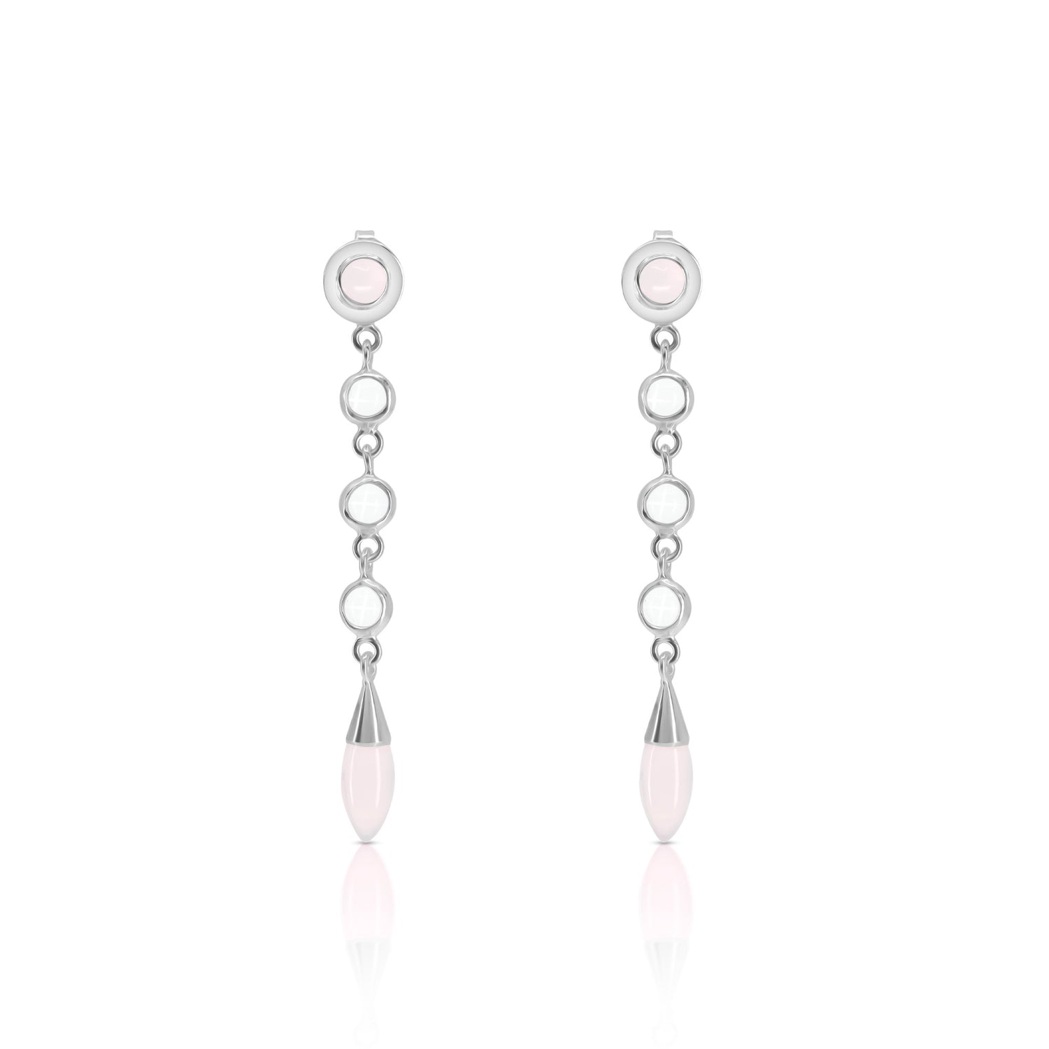 Silver Earstuds Connection with Guides Crystal & Rose Quartz by Kaora Sandara Jewelry feature round rose quartz, silver links, and a teardrop pale pink stone—ideal for spiritual evolution. Displayed on a white background.