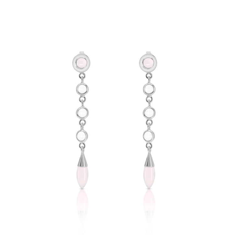 Silver Earstuds Connection with Guides Crystal & Rose Quartz by Kaora Sandara Jewelry feature round rose quartz, silver links, and a teardrop pale pink stone—ideal for spiritual evolution. Displayed on a white background.