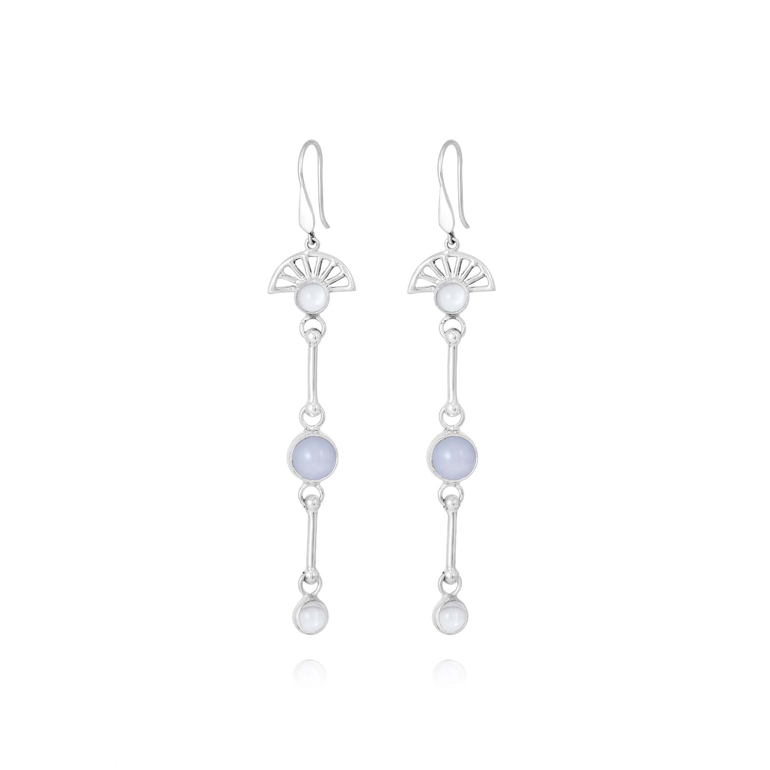 The Peace of Mind Earhooks by Kaora Sandara Jewelry feature sterling silver with a fan-shaped top, light blue chalcedony gemstone center, and blue and white crystals linked below for elegant serenity.