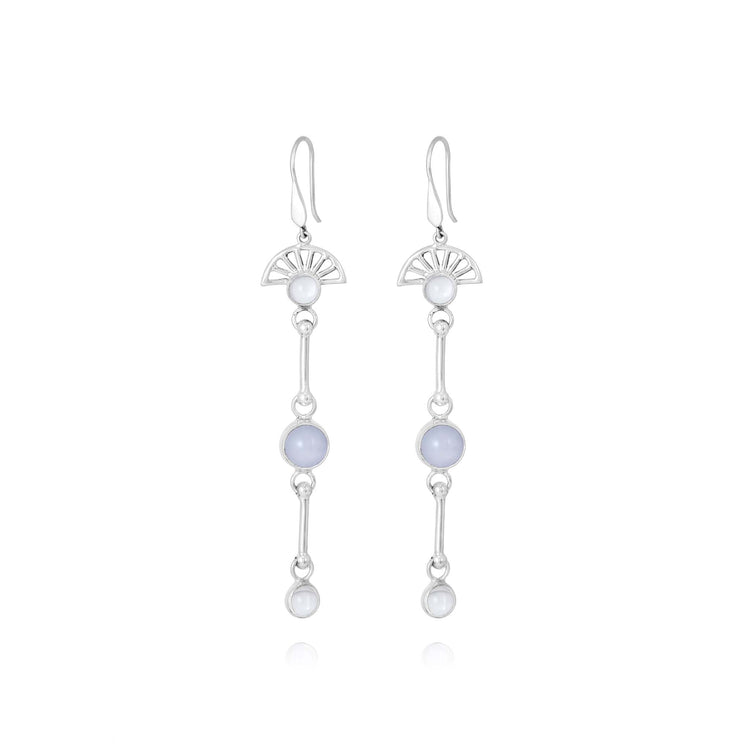 The Peace of Mind Earhooks by Kaora Sandara Jewelry feature sterling silver with a fan-shaped top, light blue chalcedony gemstone center, and blue and white crystals linked below for elegant serenity.
