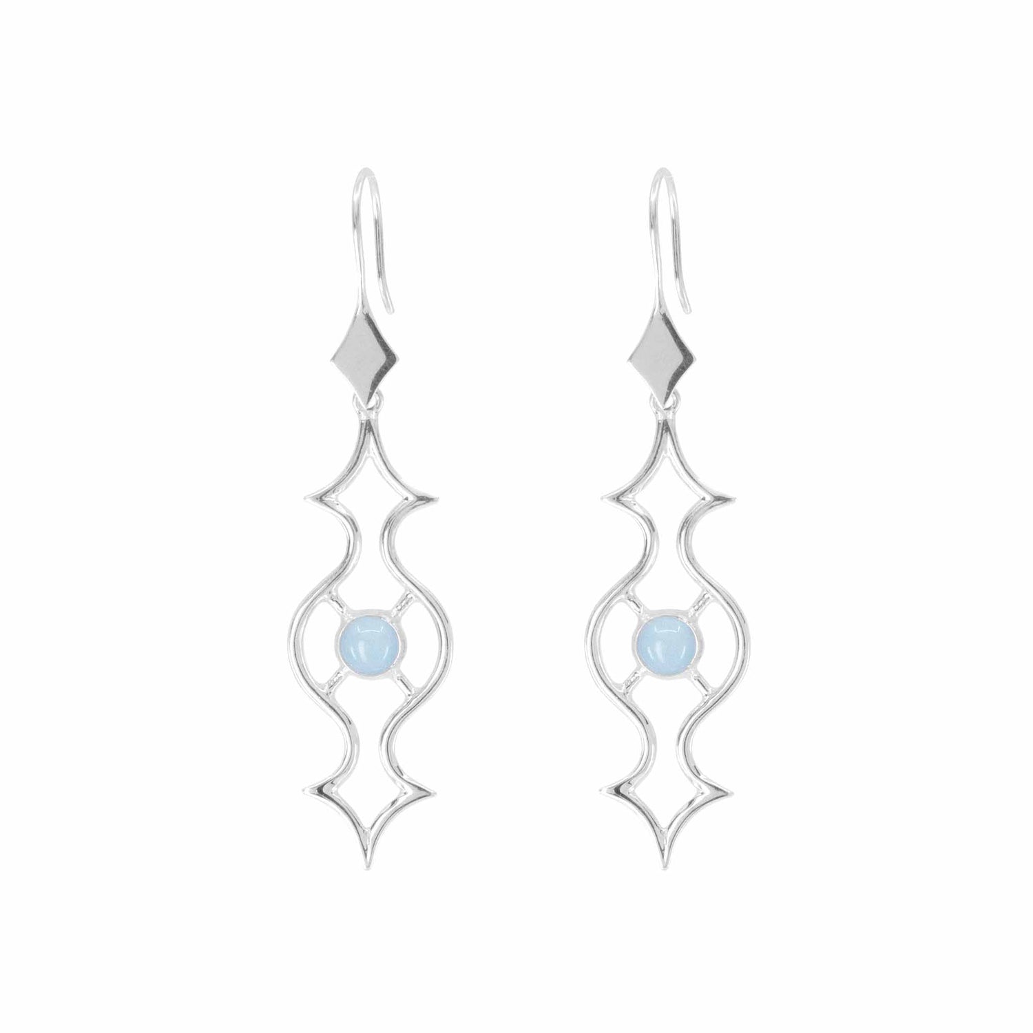 The Quantum Shift NEW Earhooks by Kaora Sandara Jewelry feature sterling silver dangles with ornate geometric designs and central pale blue Chalcedony stones, believed to promote healing. Size S.