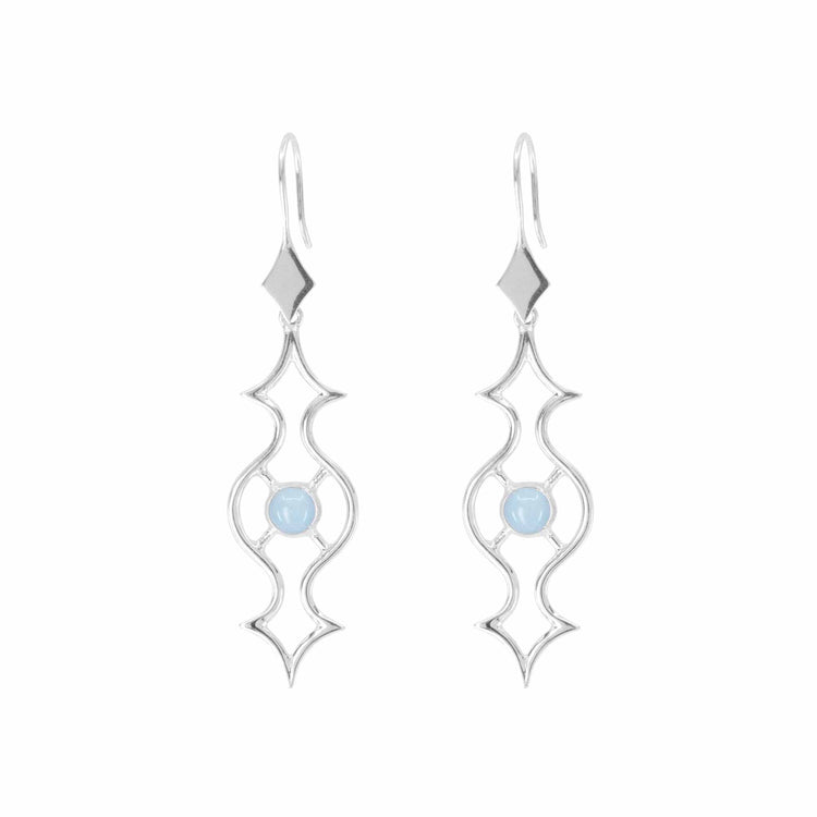 The Quantum Shift NEW Earhooks by Kaora Sandara Jewelry feature sterling silver dangles with ornate geometric designs and central pale blue Chalcedony stones, believed to promote healing. Size S.