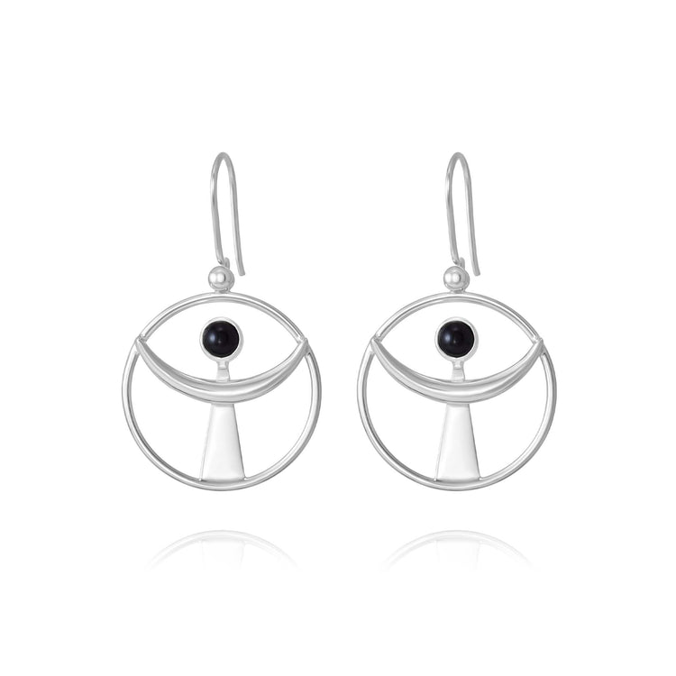 The Releasing From the Deepest Fears Earhooks by Kaora Sandara Jewelry are size L sterling silver earrings with black agate and crescent shapes, symbolizing overcoming fears. Displayed on a white background.