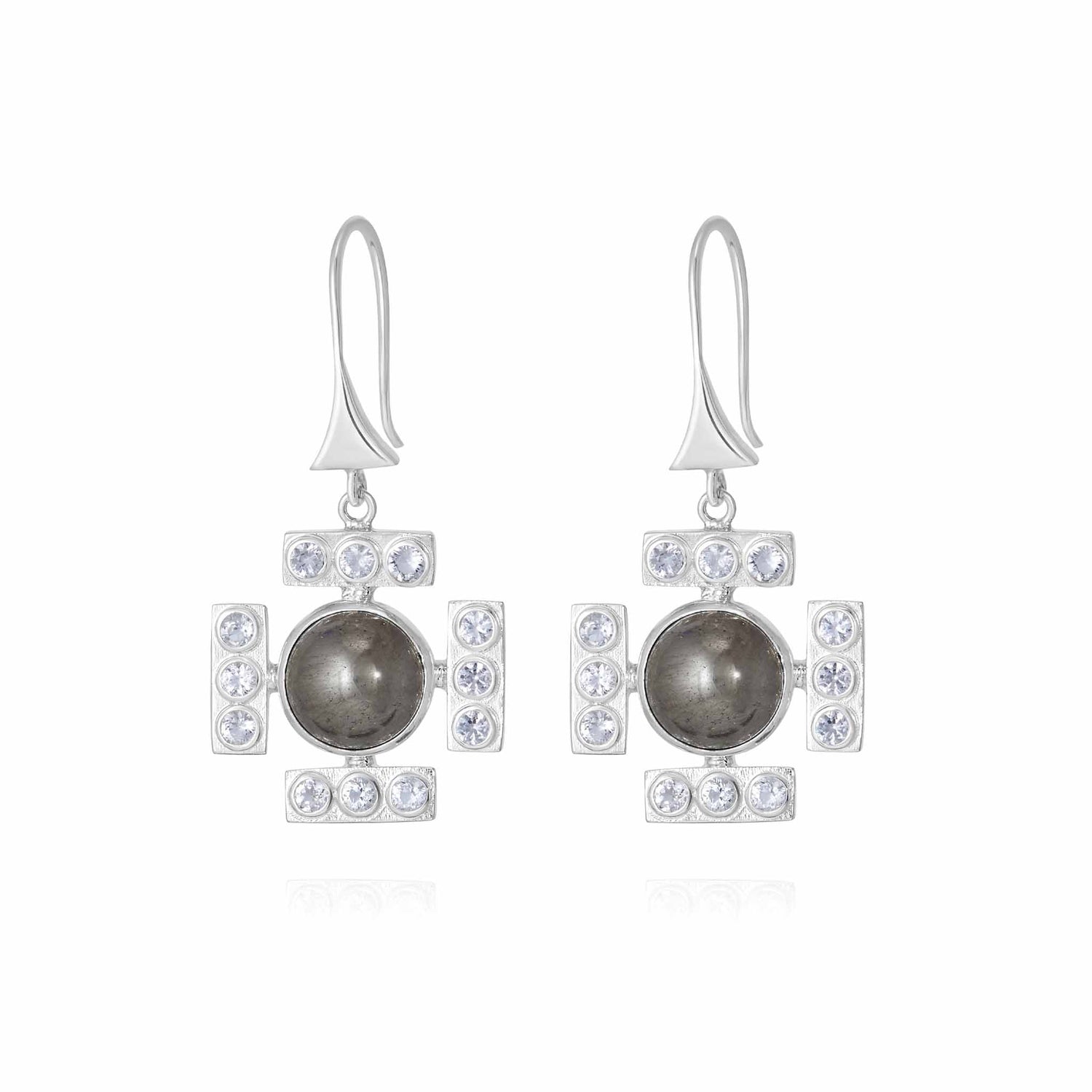 The Confidence Earhooks by Kaora Sandara Jewelry feature sterling silver with a central round dark pyrite stone, sparkling rhinestone crystal accents, and a geometric square design.