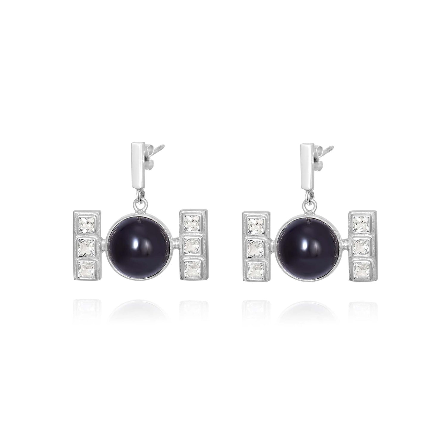 Kaora Sandara Jewelry’s Silver Earhooks Health Formula features sterling silver drop earrings with a central round Black Agate and three square crystals on each side, creating a geometric, modern look with secure earhooks.