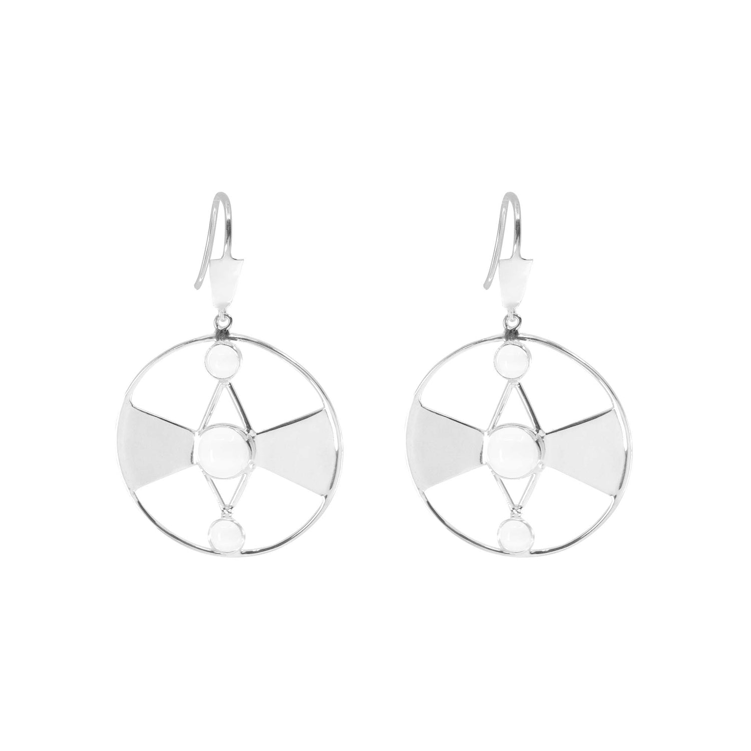 The Honesty Earhooks by Kaora Sandara Jewelry feature circular sterling silver 925 frames with geometric designs and crystal gemstones at the center and edges for added sparkle.