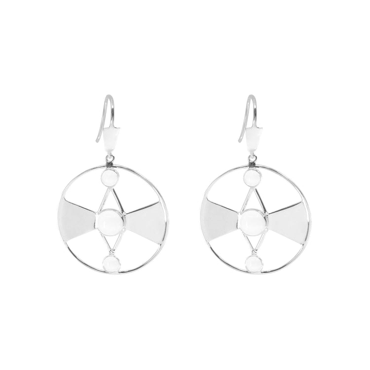 The Honesty Earhooks by Kaora Sandara Jewelry feature circular sterling silver 925 frames with geometric designs and crystal gemstones at the center and edges for added sparkle.