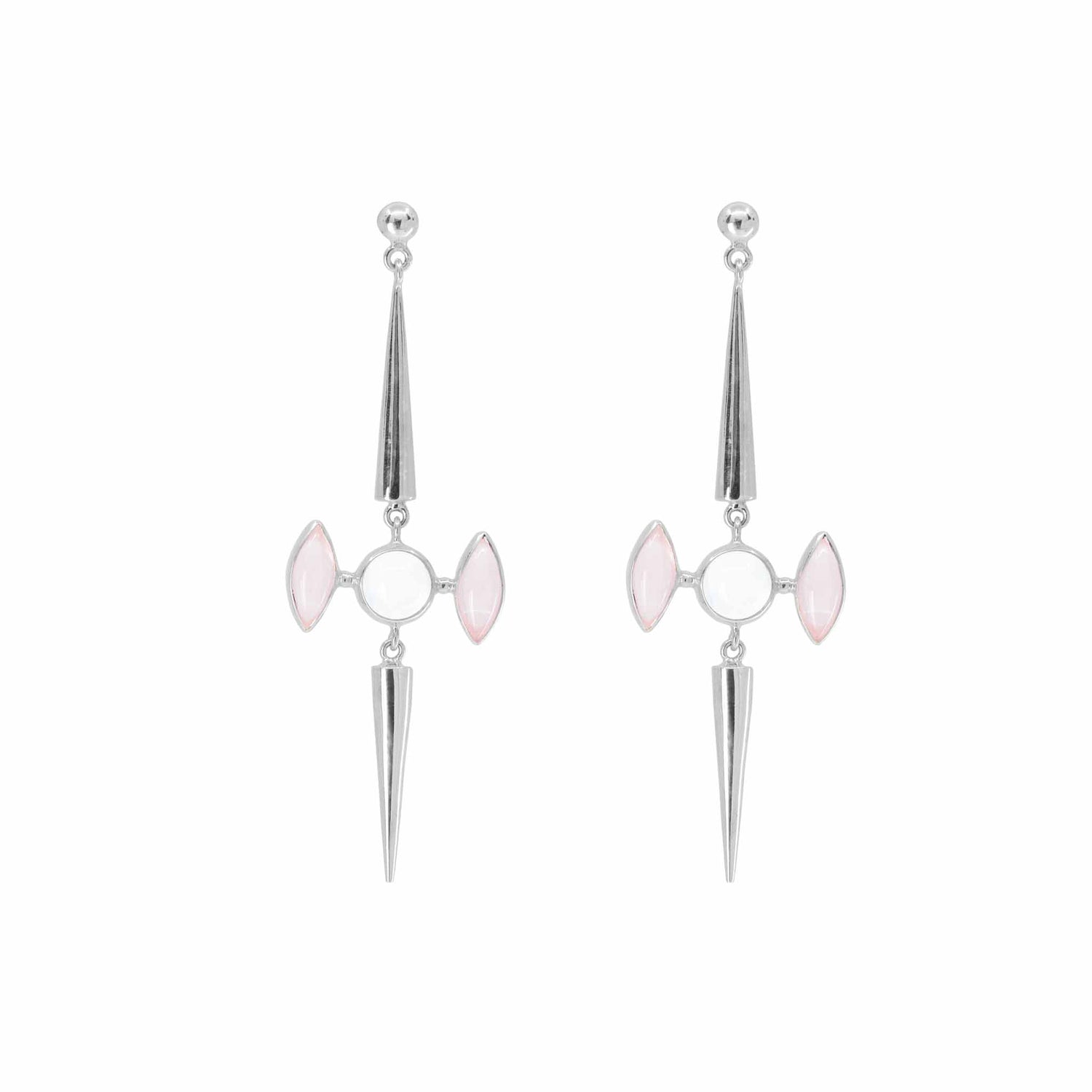 The Life as Art Earstuds by Kaora Sandara Jewelry feature sterling silver, geometric shapes, and pink Rose Quartz with sparkling crystal accents above and below a central circular design.