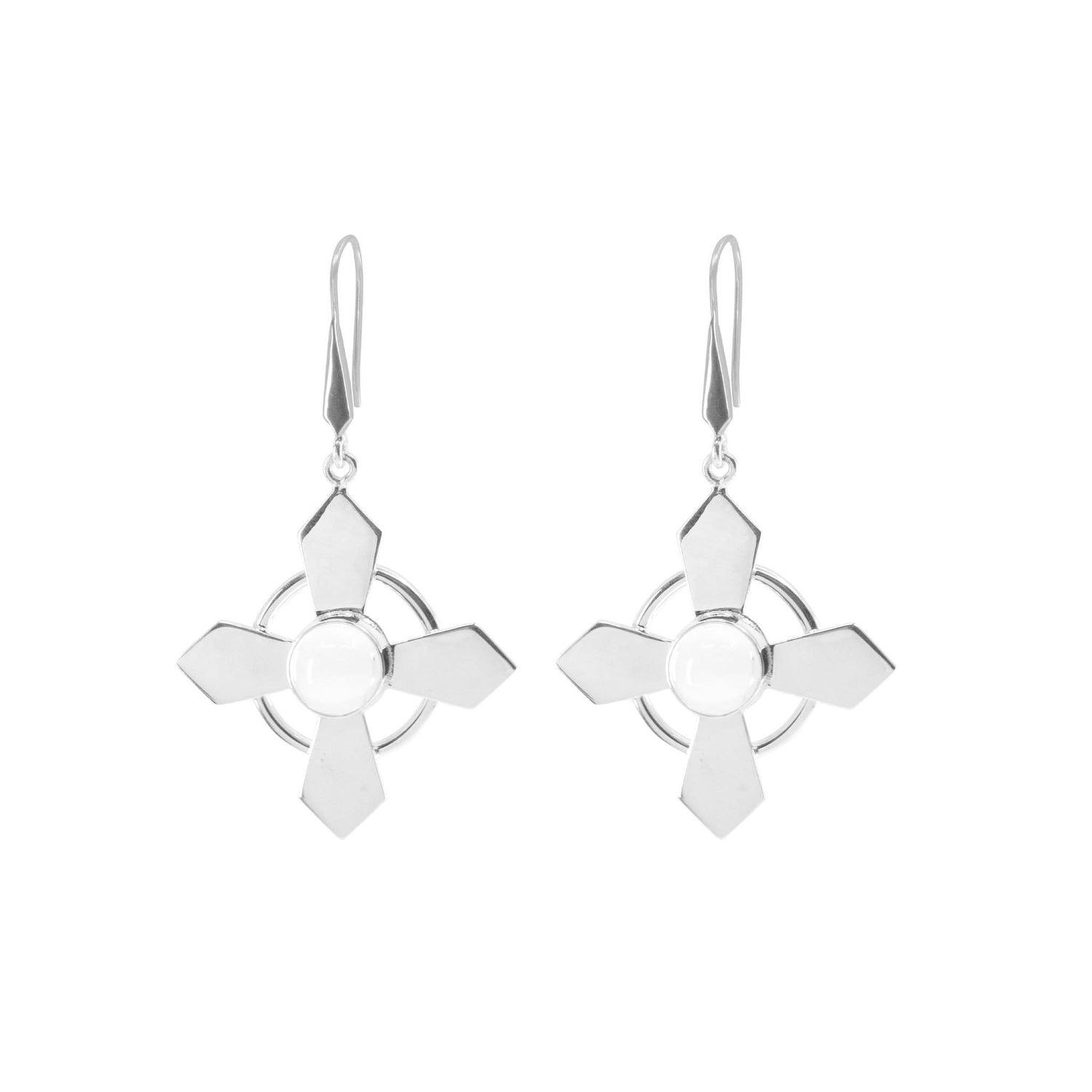 Power's Activation Earhooks by Kaora Sandara Jewelry: Sterling Silver 925 drop earrings with a geometric four-petal flower and crystal center, each gracefully suspended from simple earhooks.