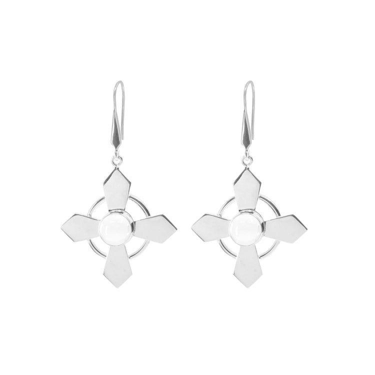 Power's Activation Earhooks by Kaora Sandara Jewelry: Sterling Silver 925 drop earrings with a geometric four-petal flower and crystal center, each gracefully suspended from simple earhooks.