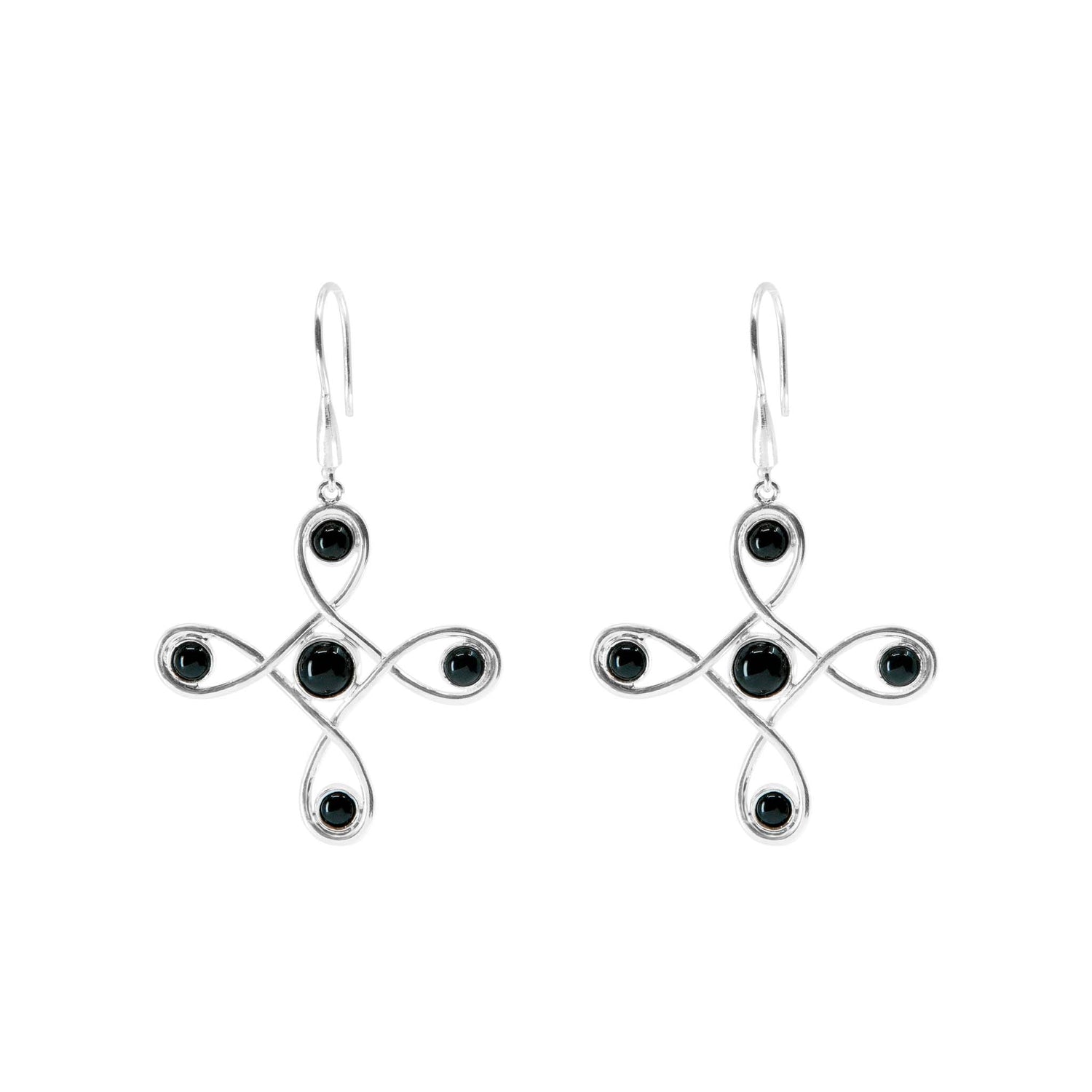 Kaora Sandara Jewelry's Programs Clearing Earhooks are sterling silver dangle earrings with a looping cross design and four black agate accents on each, set against a white background.