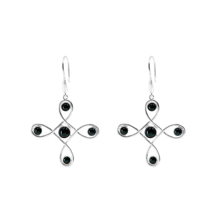Kaora Sandara Jewelry's Programs Clearing Earhooks are sterling silver dangle earrings with a looping cross design and four black agate accents on each, set against a white background.