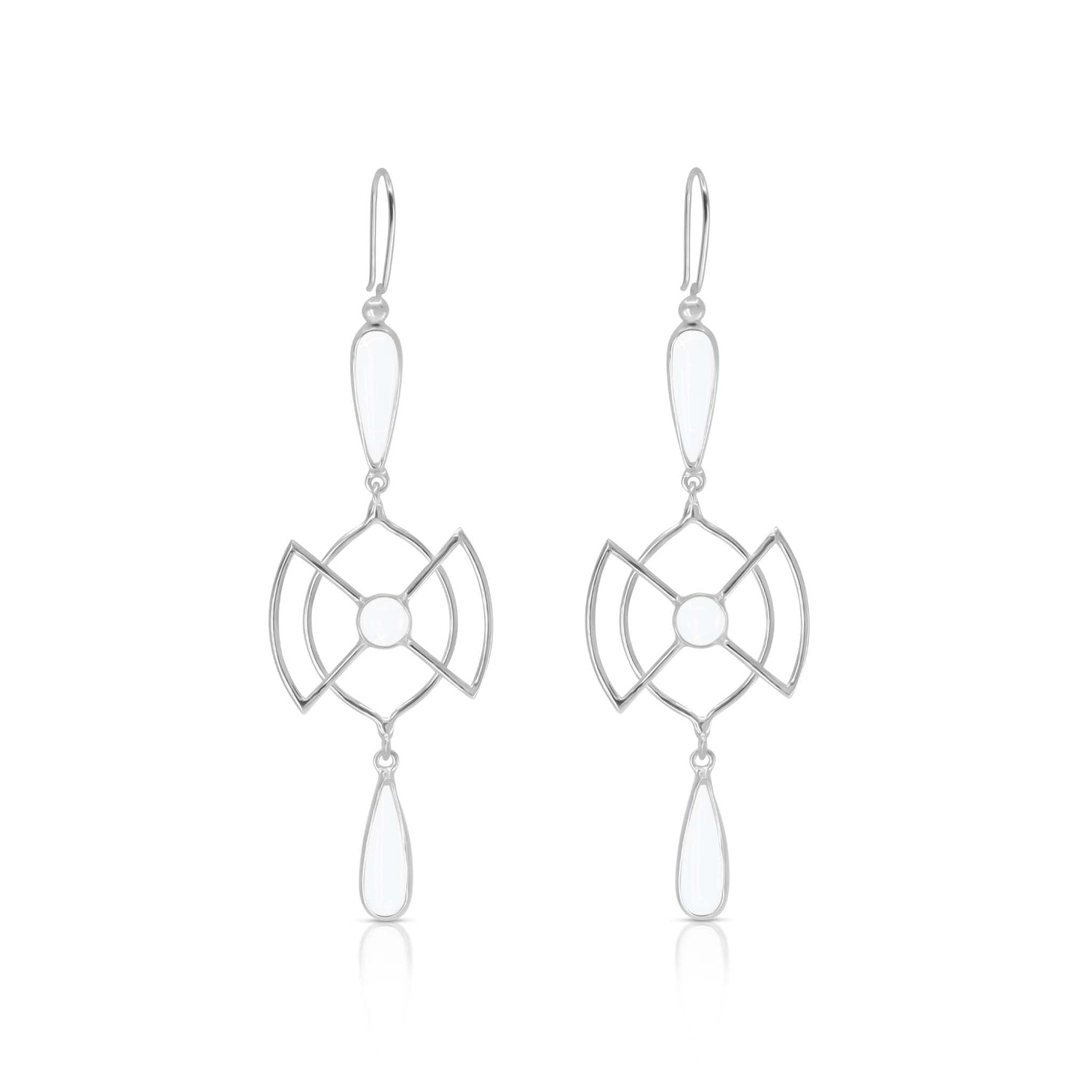 Discover the Silver Earhooks Soul Guidance – Crystal Gemstone by Kaora Sandara Jewelry: long 925 sterling silver dangle earrings with geometric openwork circles and teardrop accents, adorned with sparkling rhinestone crystals.