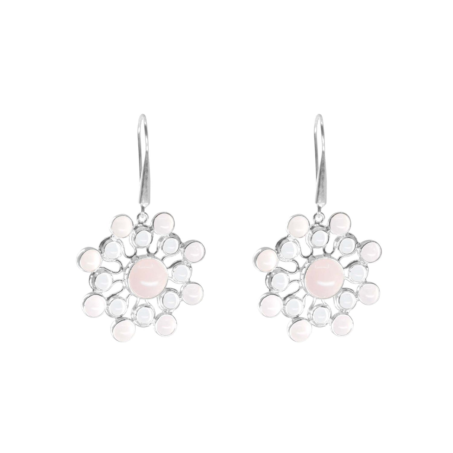 Kaora Sandara Jewelry’s Silver Earhooks Source of Love feature a circular floral design with rose quartz and crystal gemstones, each set in sterling silver bezels and suspended from elegant earhooks.