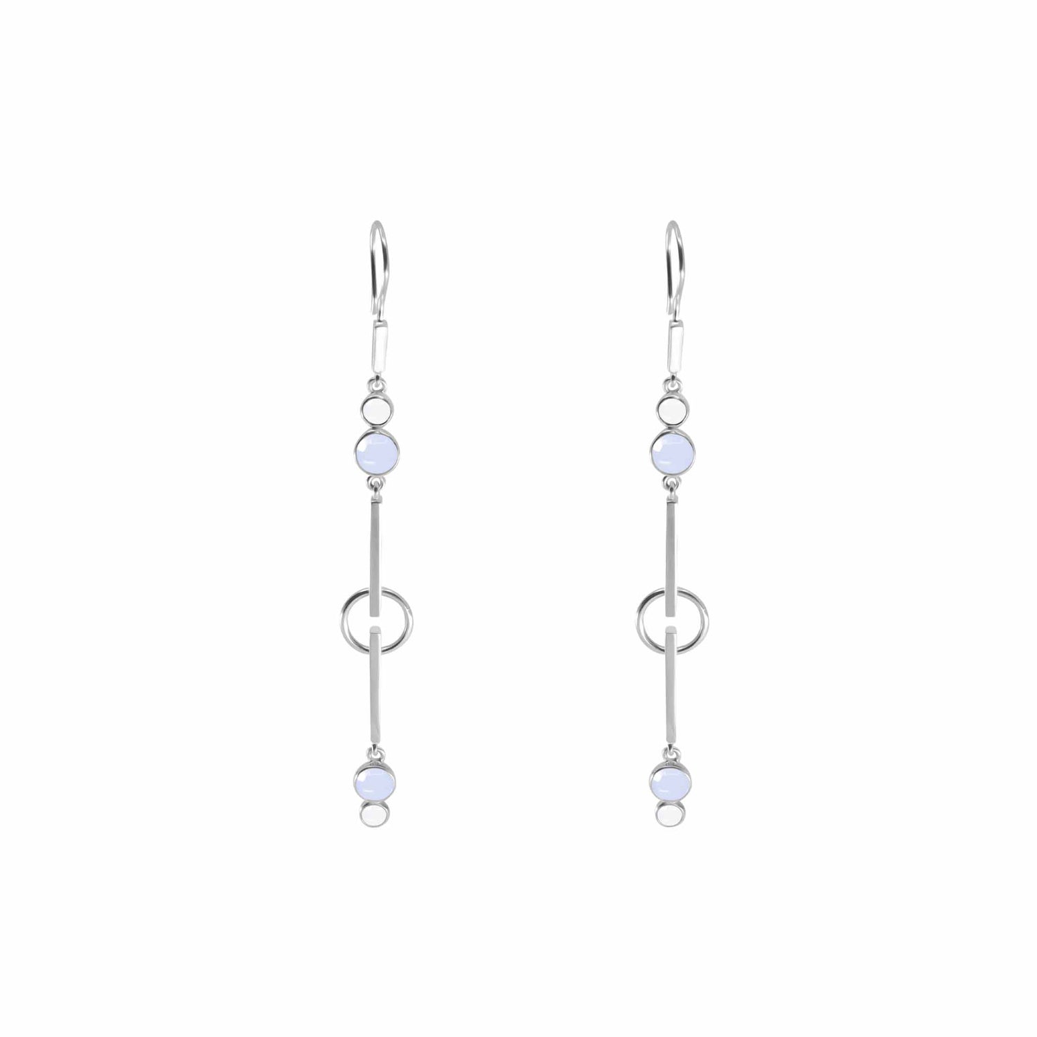 The Silver Earhooks State earrings by Kaora Sandara Jewelry feature crystal and chalcedony gemstones, with long silver dangles, round light blue stones, and a blend of circular and bar elements for a tranquil look.