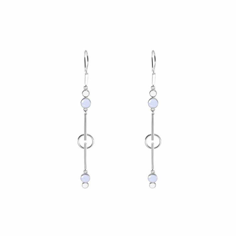 The Silver Earhooks State earrings by Kaora Sandara Jewelry feature crystal and chalcedony gemstones, with long silver dangles, round light blue stones, and a blend of circular and bar elements for a tranquil look.