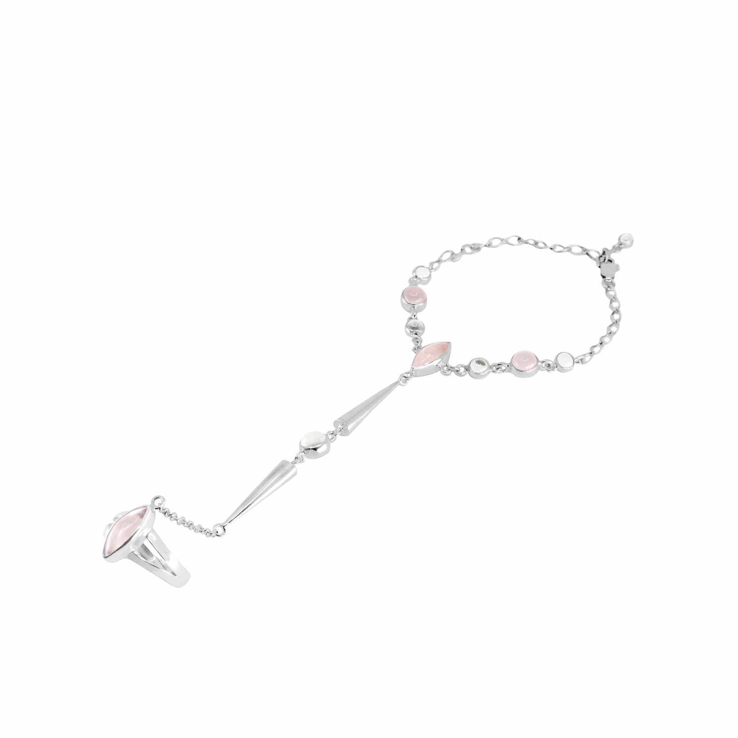 The Life as Art Hand Chain by Kaora Sandara Jewelry features sterling silver with crystal and rose quartz, connecting a ring and bracelet in a modern geometric design, shown on a white background.