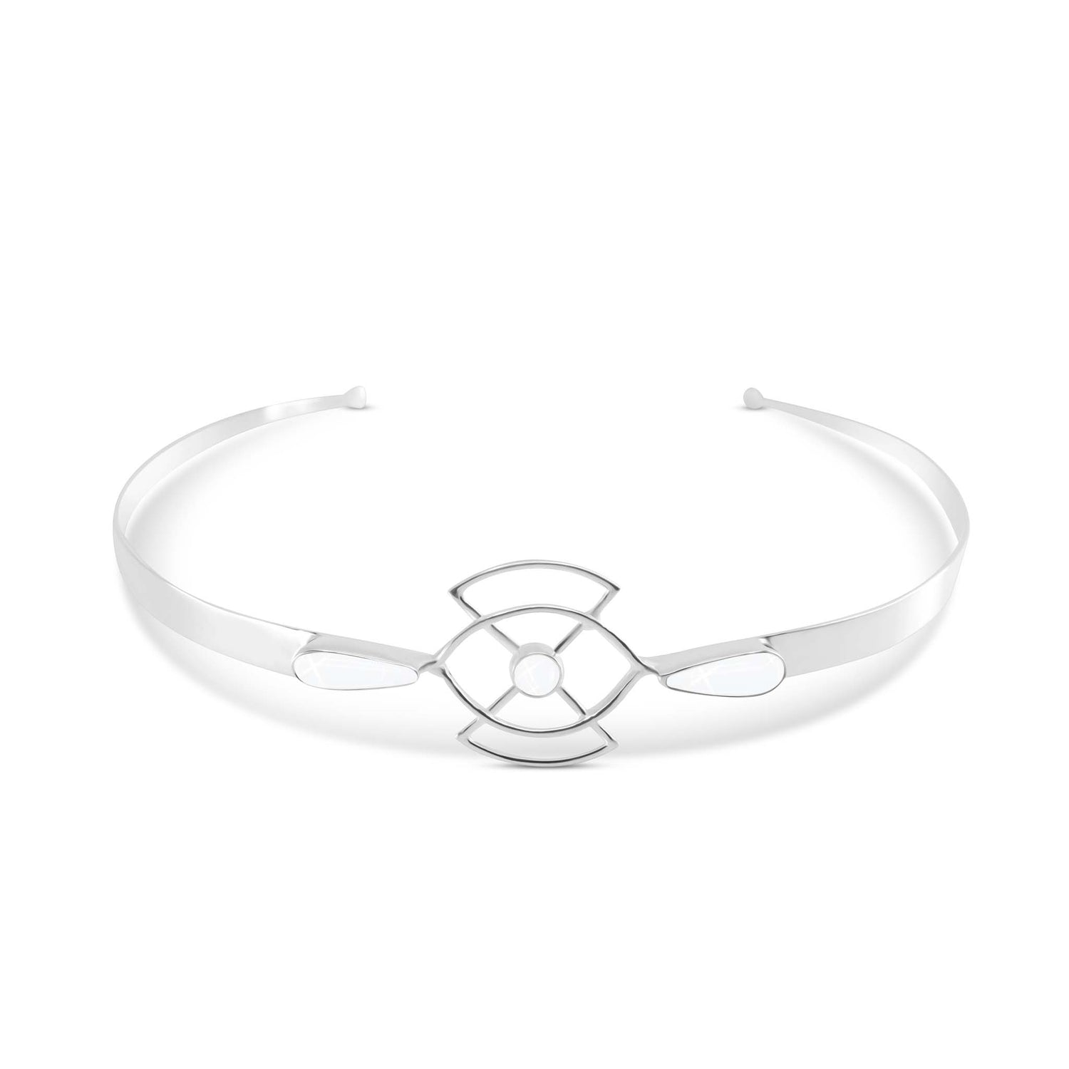 The Soul Guidance Headband by Kaora Sandara Jewelry features a sterling silver geometric openwork design with intersecting curves, a central circle, and sparkling crystal accents.
