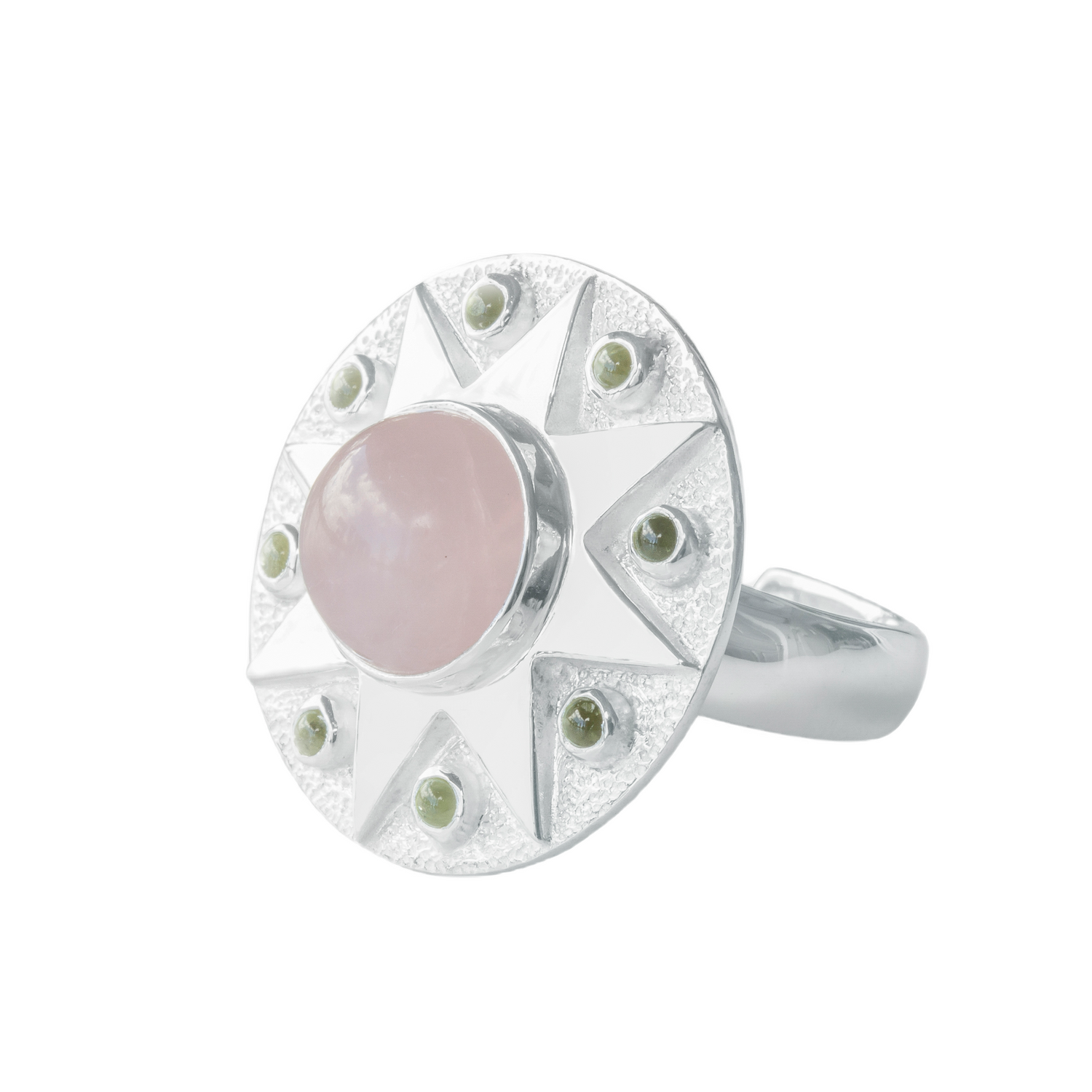 The Silver Ring Unconditional Love by Kaora Sandara Jewelry features a large round rose quartz center with a starburst design and small peridot accents around the edge, all crafted in sterling silver 925.
