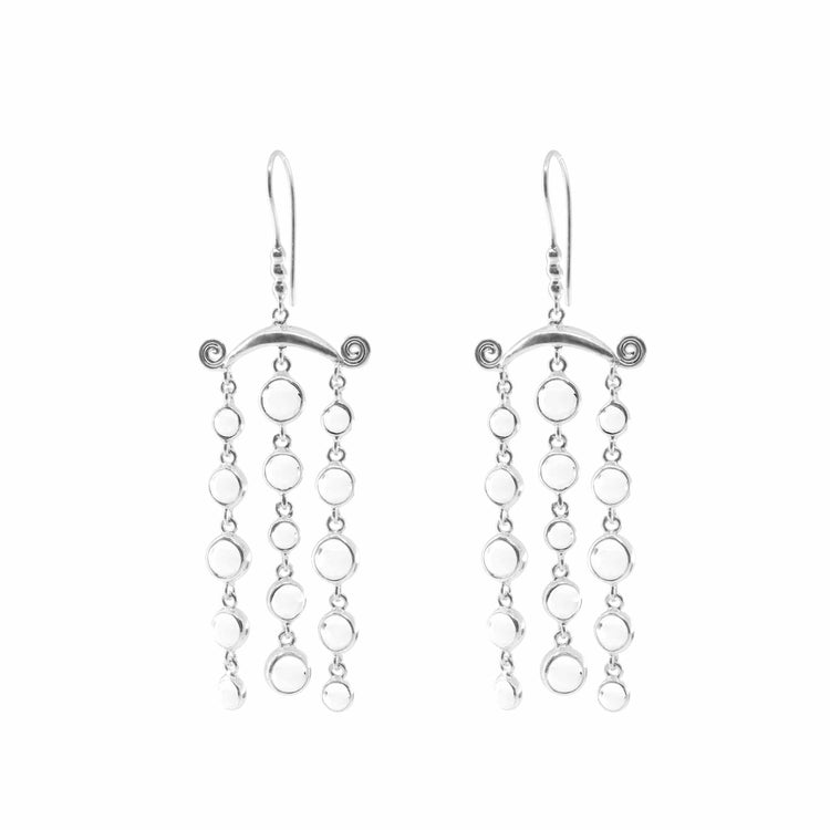 The Magic Path Earhooks by Kaora Sandara Jewelry are sterling silver 925 dangle earrings featuring crystal gemstones and three chains of linked circles hanging from an arched base, each tipped with a delicate spiral design.