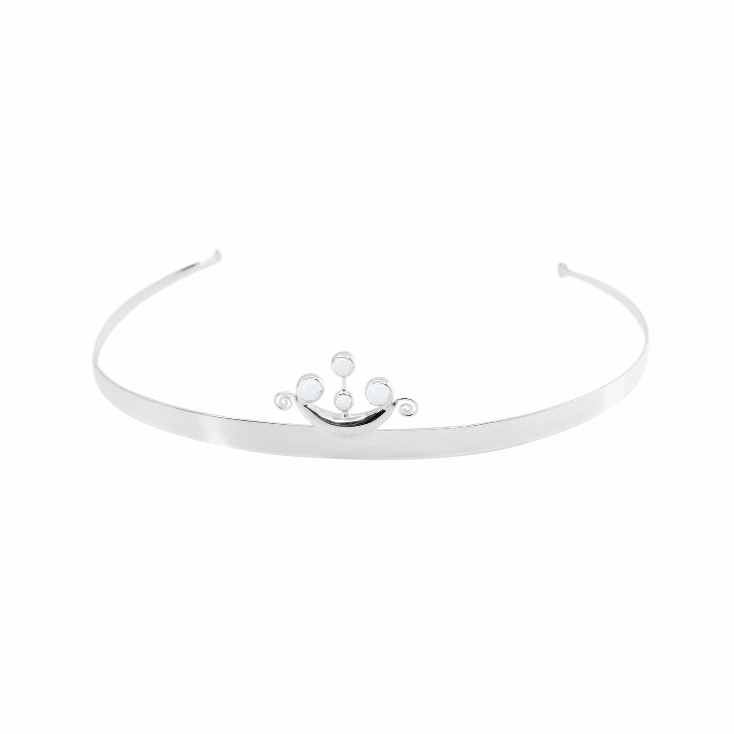 The Magic Path Headband by Kaora Sandara Jewelry is a sterling silver accessory featuring a small crown with three rounded tips at the center, accented by a sparkling crystal.