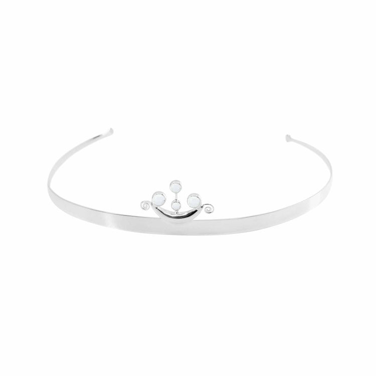 The Magic Path Headband by Kaora Sandara Jewelry is a sterling silver accessory featuring a small crown with three rounded tips at the center, accented by a sparkling crystal.