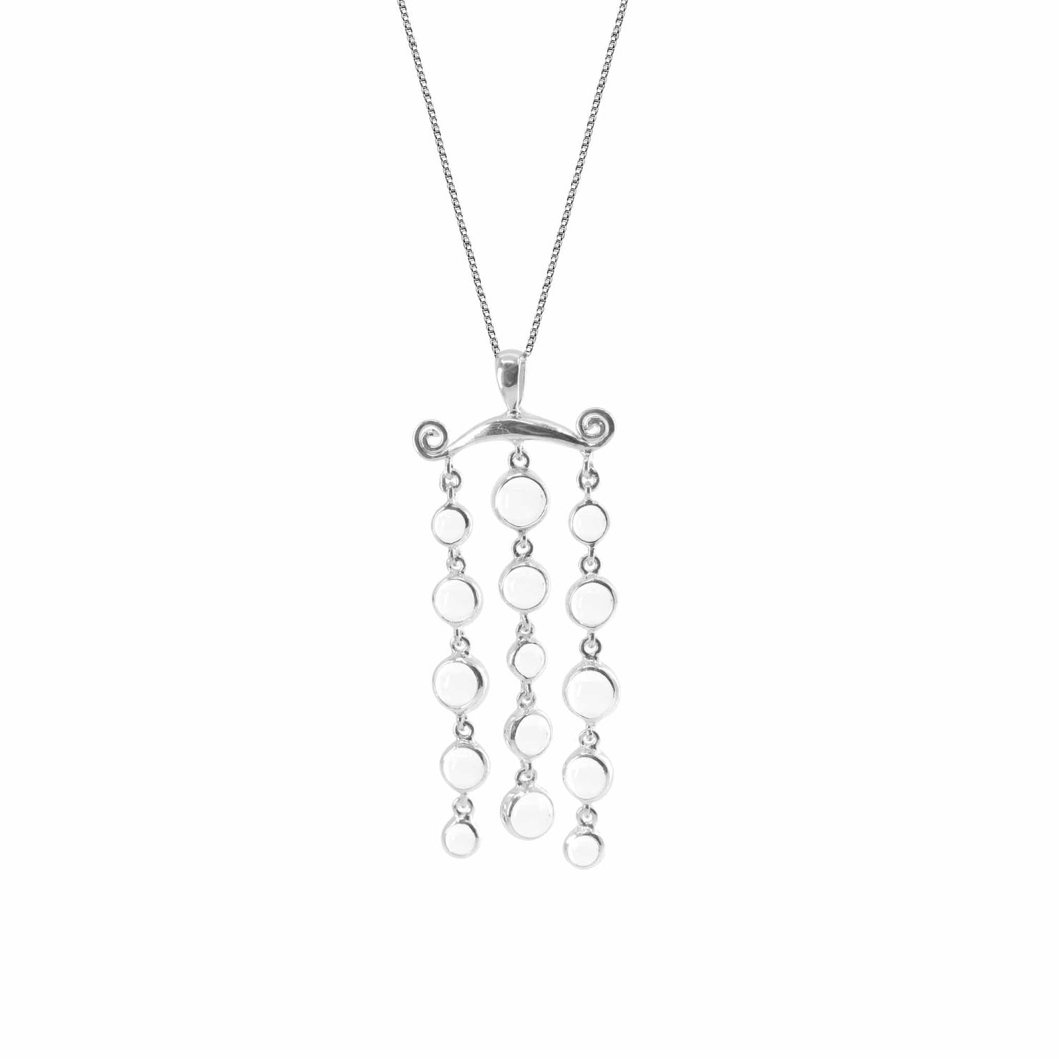 The Magic Path Pendant by Kaora Sandara Jewelry features sterling silver with crystal gemstones in three vertical rows on a sleek bar, offering minimalist elegance and crystal intuition on a fine chain.